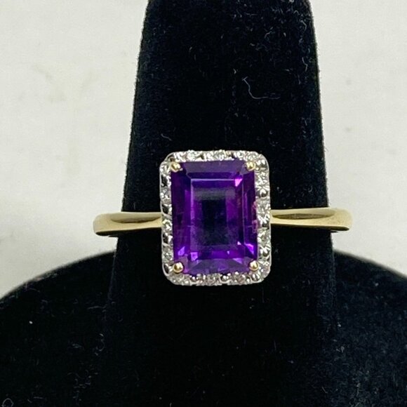 18K Solid Yellow Gold Amethyst with Diamond Halo Ring Size 6.75 - Picture 2 of 8